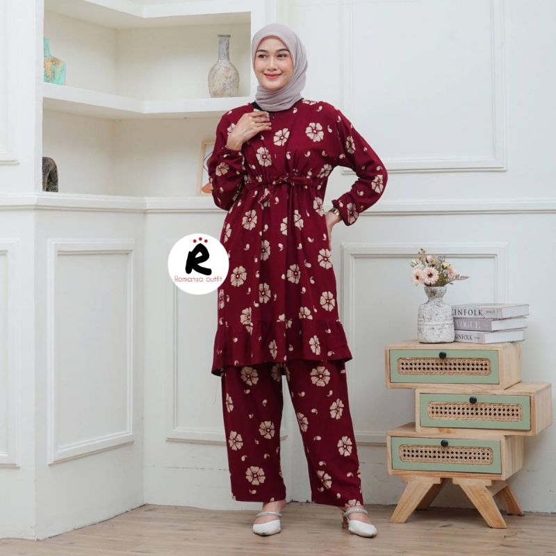 SETELAN TUNIK SERUT MOTIF BUNGA MAWAR JUMBO BUSUI LD 120 RAYON COD