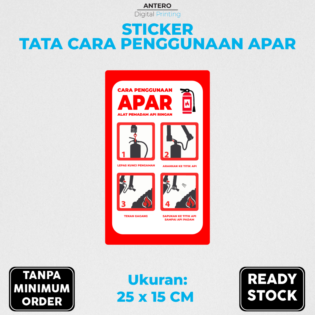 

Stiker Cara Penggunaan APAR Bahan Vinyil Anti Air | Waterproof | Stiker Alat Pemadam Kebakaran Ringan | Stiker Tata Cara Penggunaan Apar