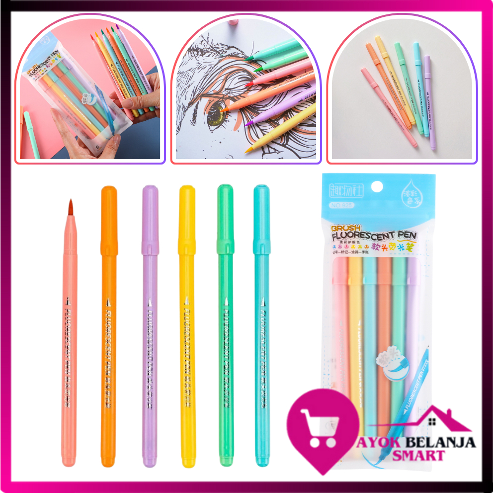 

ABS Set 6pcs Brush Pen Murah Highlighter Pen Calligraphy Brush Lettering Aesthetic Vintage Warna Warni Brush Marker Pena Kuas Warna Pulpen Brush Marker Highlighter Warna Pastel Random