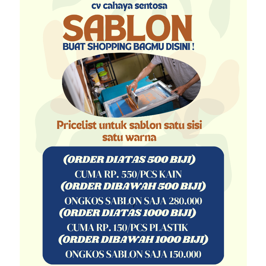 [Dibawah 500-1000 pcs] Jasa Sablon Printing Kain/Plastik Satu Sisi Satu Warna - Sablon Printing