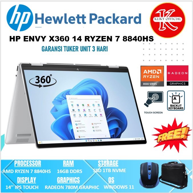 Laptop Touchscreen Hp Envy 14 X360 AMD RYZEN 7 8840HS Ram 16Gb Ssd 1Tb Silver