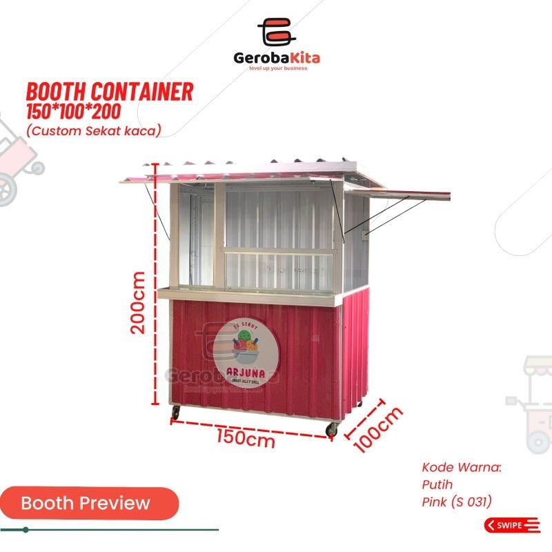 booth kontainer 150x100x200 lantai, roda, kacamenu