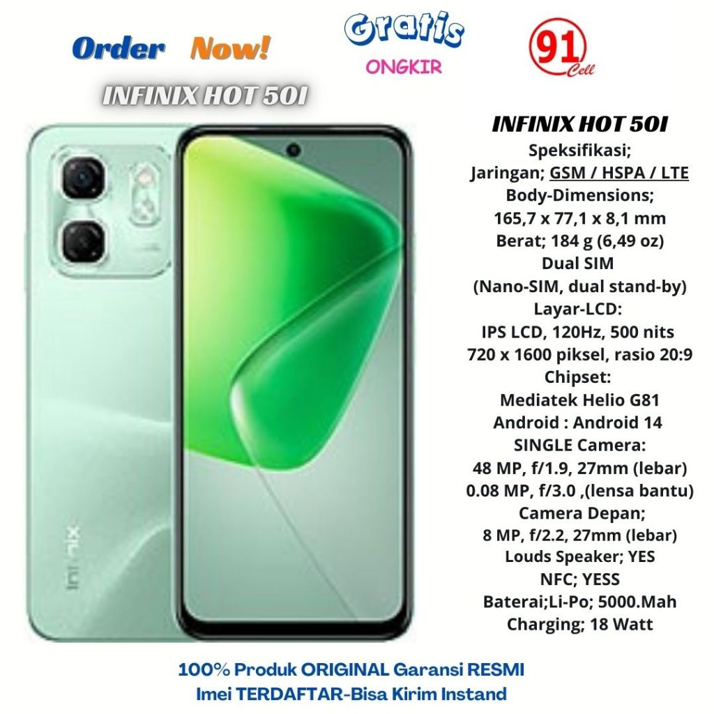 Infinix Hot 50i /Hot 60i Original (Ram8/256)"(Ram6/128Gb) Garansi Resmi 1 tahun