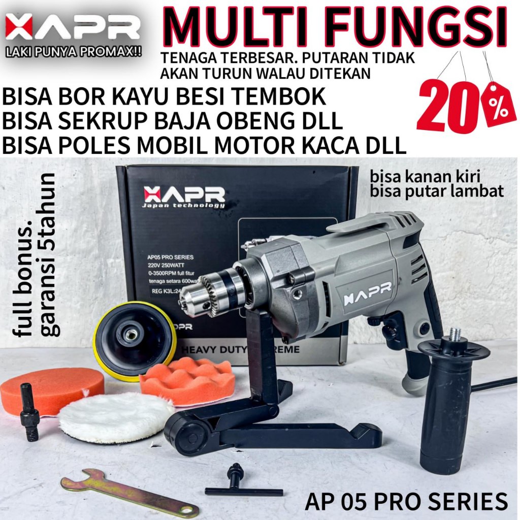 APR JAPAN AP05PRO Bor Listrik 10mm Bertenaga Besar Bor Besi Kayu Tembok Sekrup Fullset Alat Poles