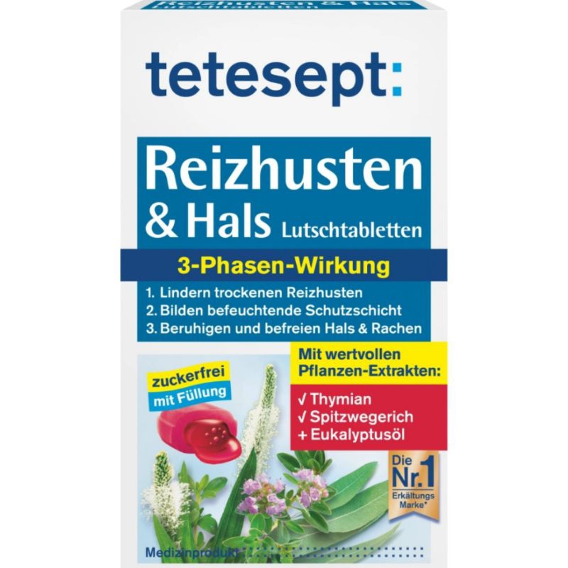 

Tetesept Permen Obat Batuk Kering dan Permen Pelega Tenggorokan | Reizhusten & Hals Lutschtabletten, 20pcs