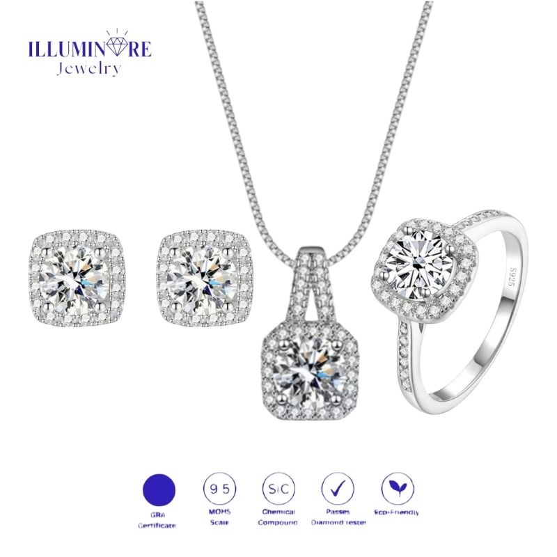 Illuminare-(100% Original) CS-ST03 Set Perhiasan Anting Kalung Cincin Wanita 1-4ct Berlian Moissanit