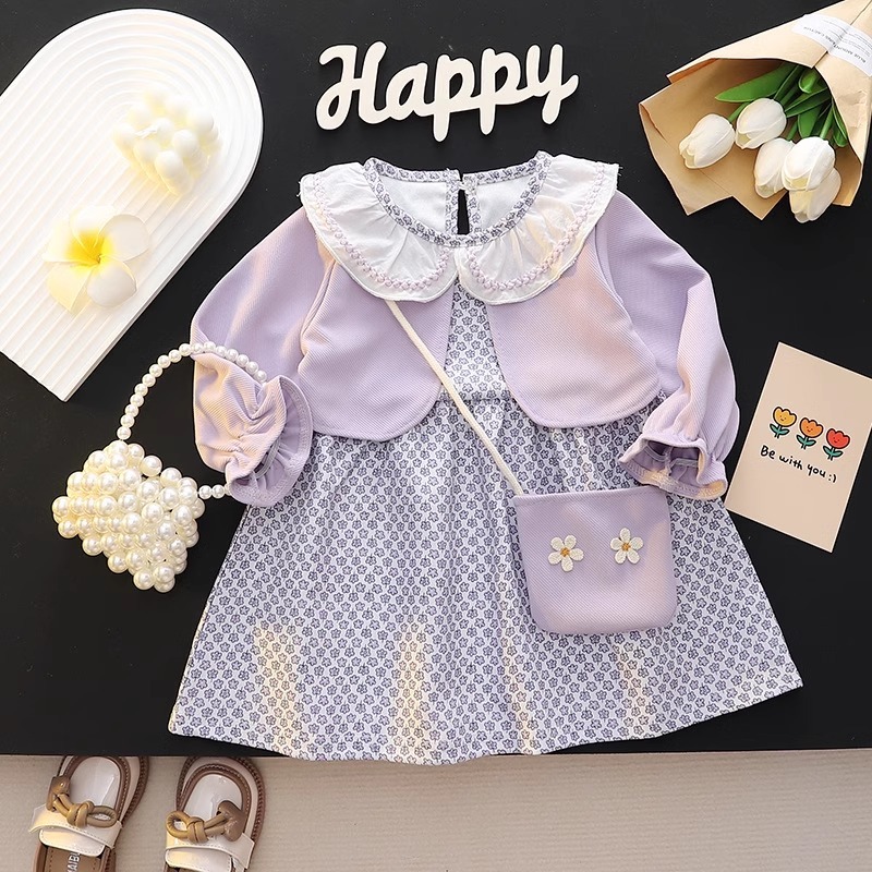 Dress Import Premium Anak Perempuan Usia 1-4 Tahun | Baju Dress 2in1 Cardigan Lengan Panjang Serut V