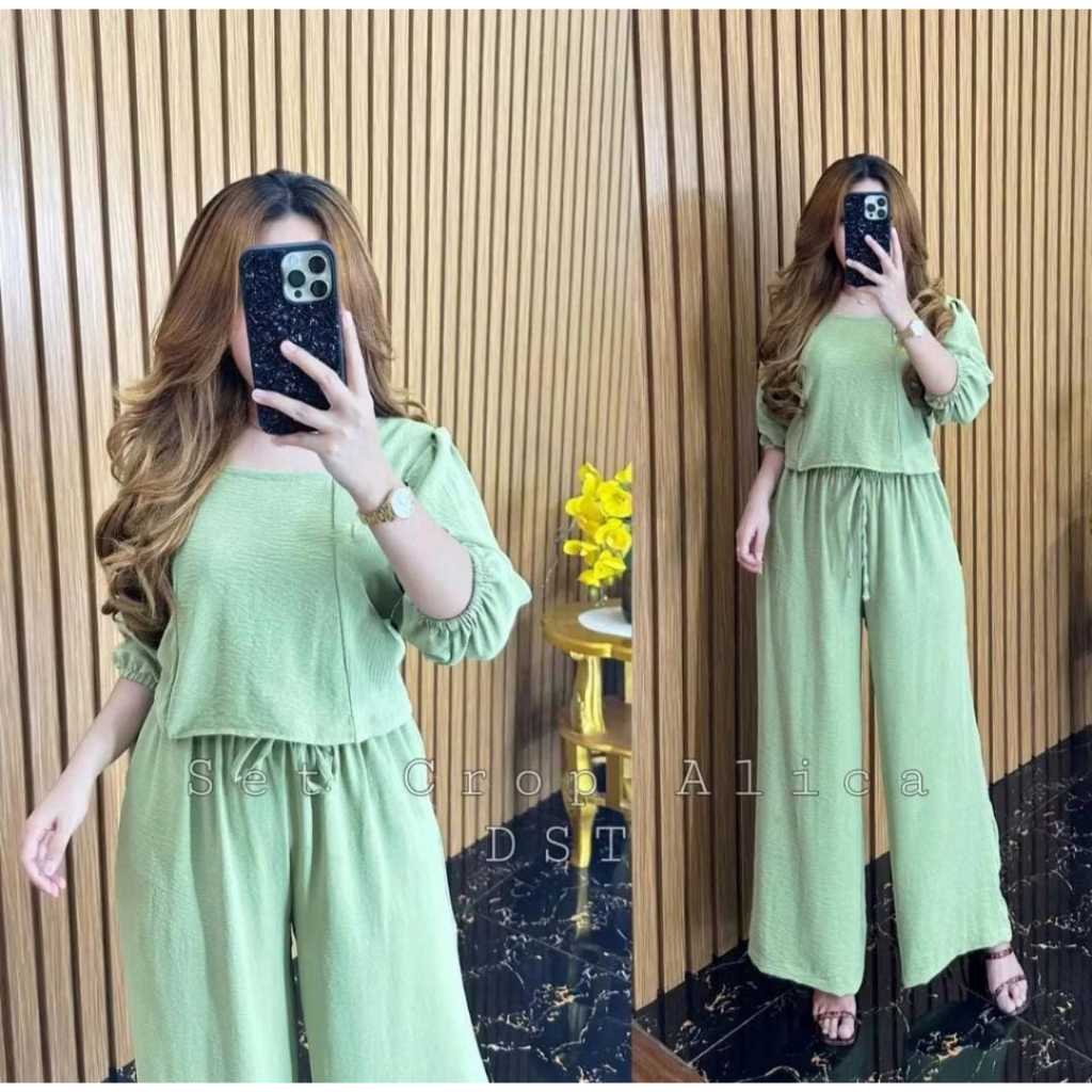 100%Bahan Crinkle Premium Alicia one set kekinian Bahan crinkle airfow premium celana panjang