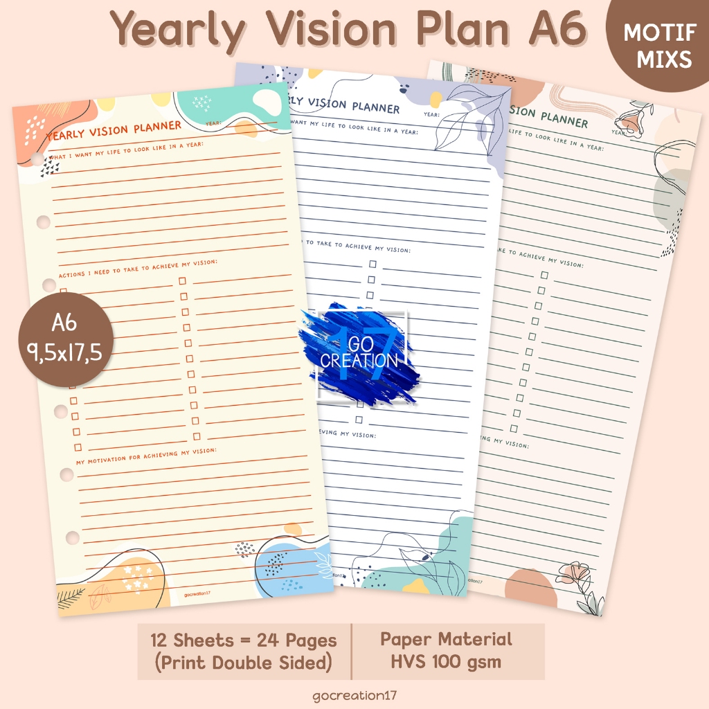 

Buku Planner Refill Kertas Binder Yearly Vision Plan Motif Premium A6