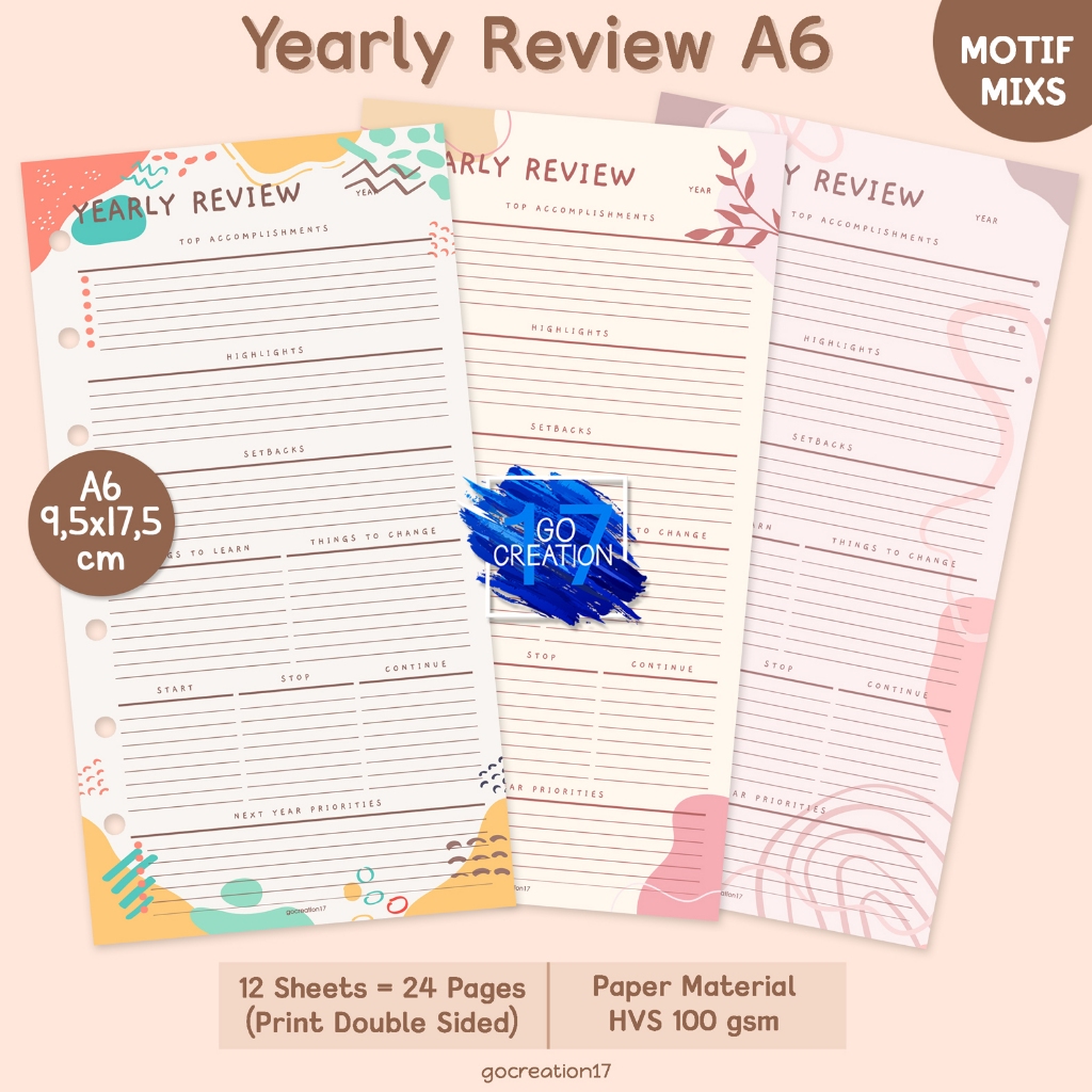 

Buku Planner Refill Kertas Binder Yearly Review Motif Premium A6