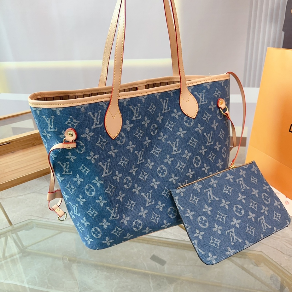 New 2024 LV Neverfull Denim Leather Women's Fashionable Tote Bag