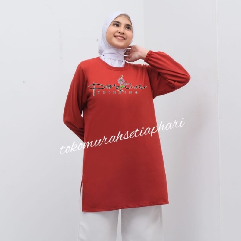 RECOMMENDED BAJU TUNIK WANITA LENGAN PANJANG /KAOS TUNIK WANITA MURAH MOTIF POSITIVE THINKING BAHAN