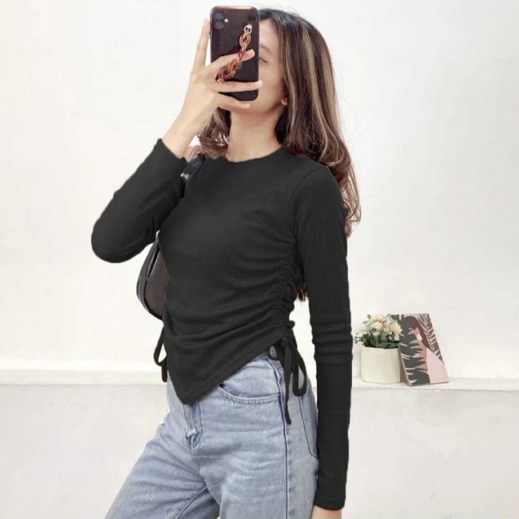 Rib Knit Tali Serut Samping tali serut Blouse Serut Wanita Woman Rib Knit Blouse