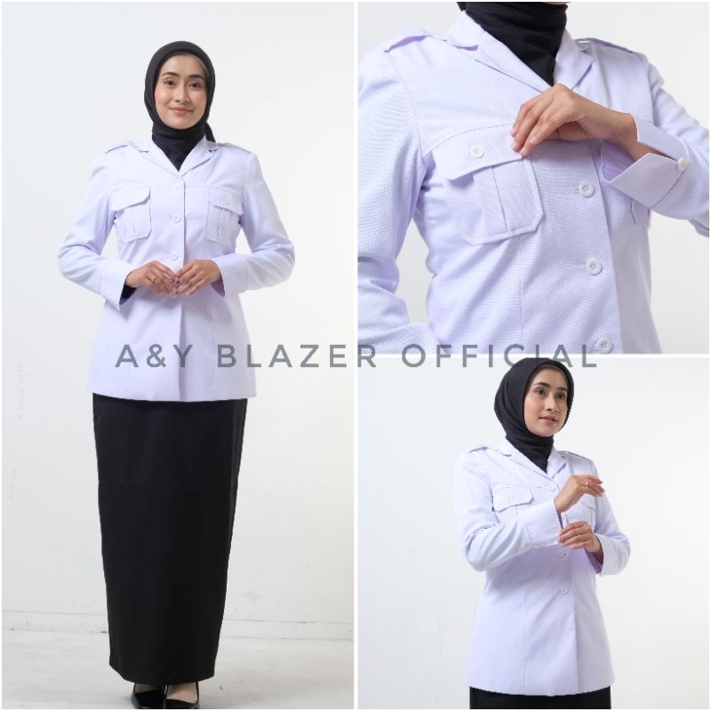 [09] A&Y Blazer Baju Seragam SAKU DADA PDH Guru / PNS Wanita Warna Khaki Tua & Putih Seragam Kerja