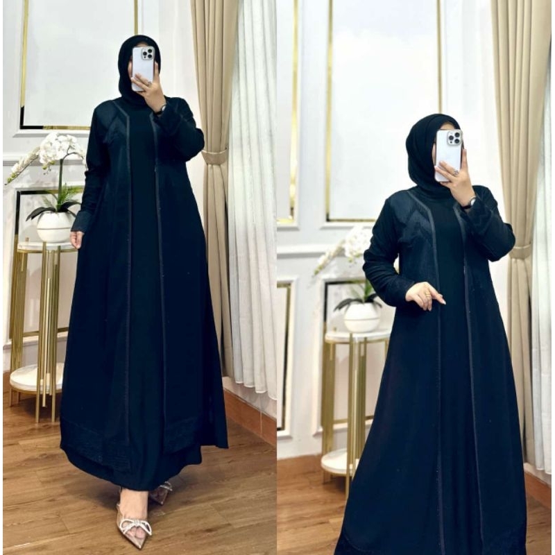 GAMIS ABAYA BORDIR PAYET ALANYA  JERSEY CERUTY HITAM POLOS LENGAN BALON