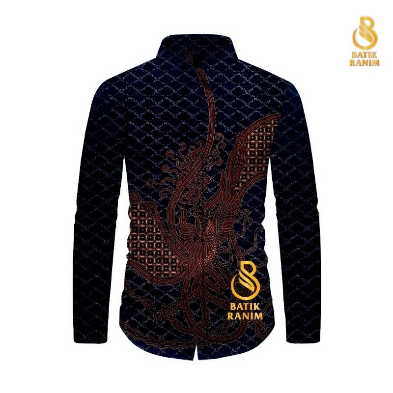 BATIK RANIM Kemeja Phoenix Navy Batik Pria Lengan Panjang Premium