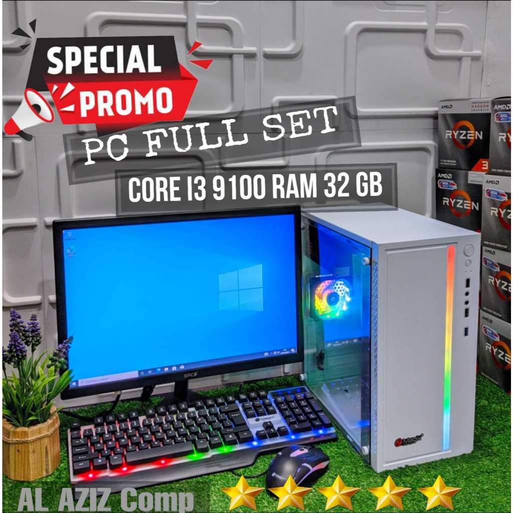 PC MURAH Rakitan Fullset Intel Core i3 9100 RAM 32gb SSD 256gb Monitor 19 Inci Wi Fi