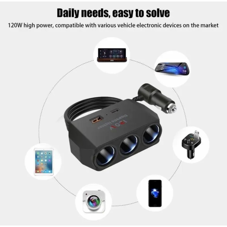 socket lighter mobil 120W 3in1 USB Fast Charger Splitter D28