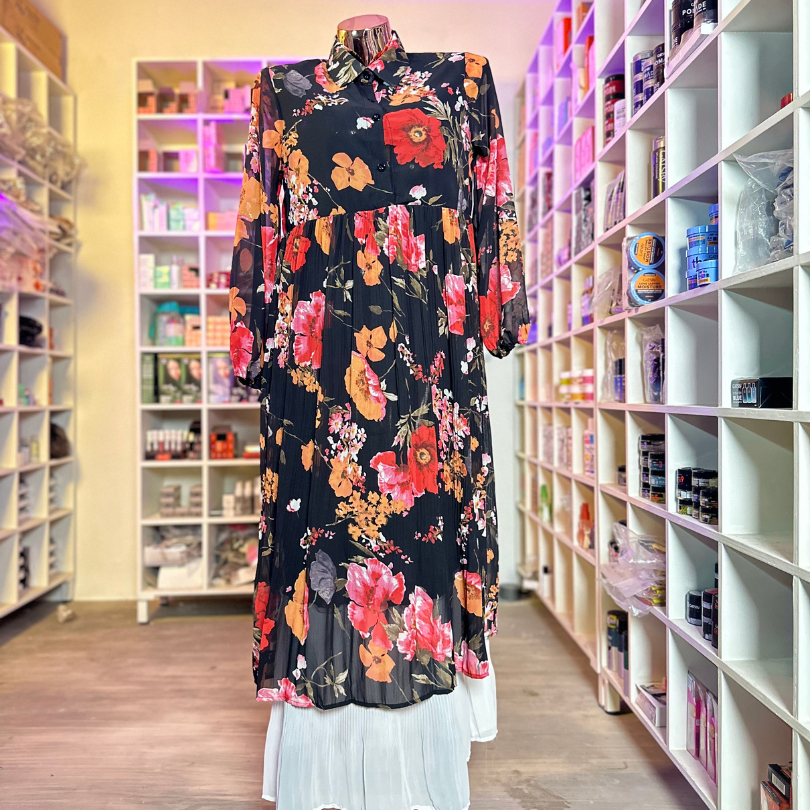 Ningrum - Dress Sifon Wanita Muslim - Gamis Chiffon Motif Bunga