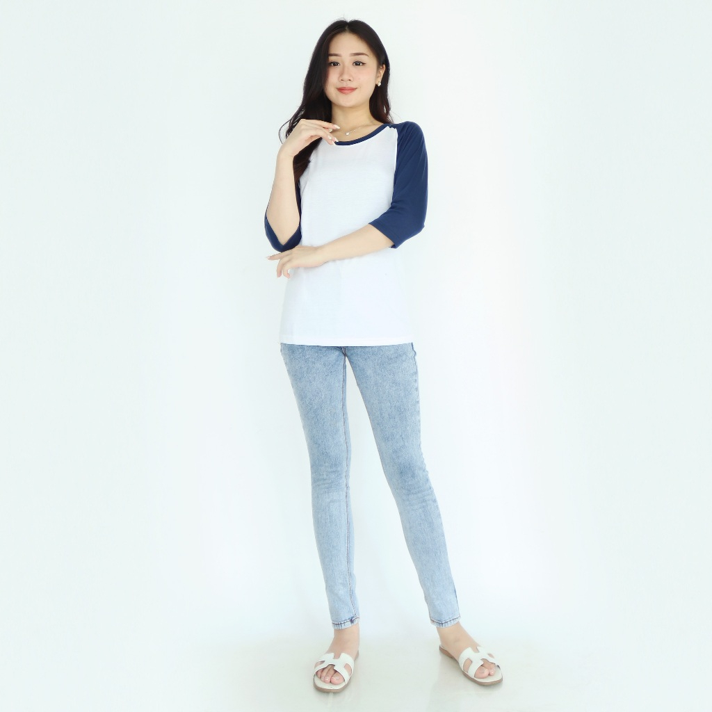 Dailystyle Kaos polos raglan lengan 3 4 wanita | seragam reglan badan putih kombinasi lengan