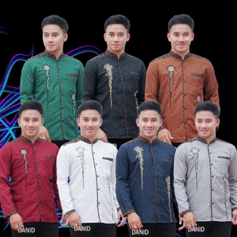 Bisa Cod Baju Koko Pria Dewasa Kombinasi Bordir Modern Lengan Panjang Slimfit Katun Premium Size S M