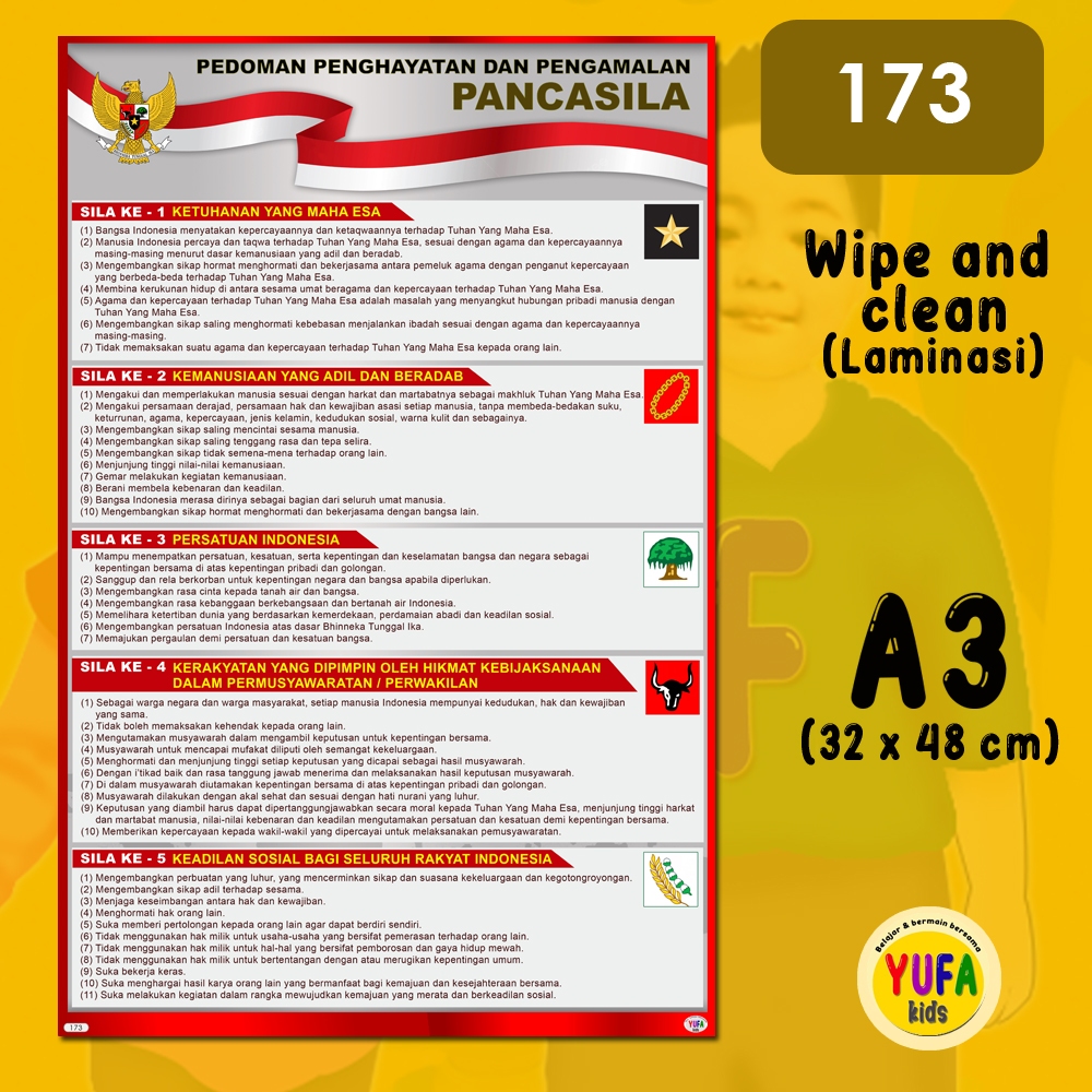 

173 poster butir p4 pancasila - Poster Edukasi Anak - Poster belajar anak - Poster wipe and clean - perlengkapan belajar anak - poster dinding murah - poster anak paud / TK - poster anak SD