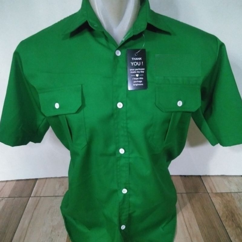 kemeja pria hijau polos lengan pendek bahan american drill