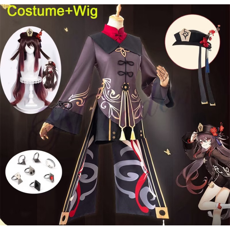 Ready Stock Genshin Impact Cosplay Hutao Costume Hu Tao Cincin Wanita Pria Uniform Seifuku Ring Perm