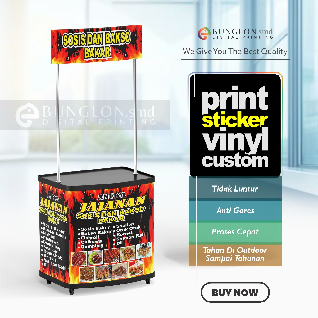 

CETAK STIKER MEJA BOTH JAJANAN SOSIS BAKSO BAKAR MEJA JUALAN EVENT DESK FREE REQUEST DESAIN