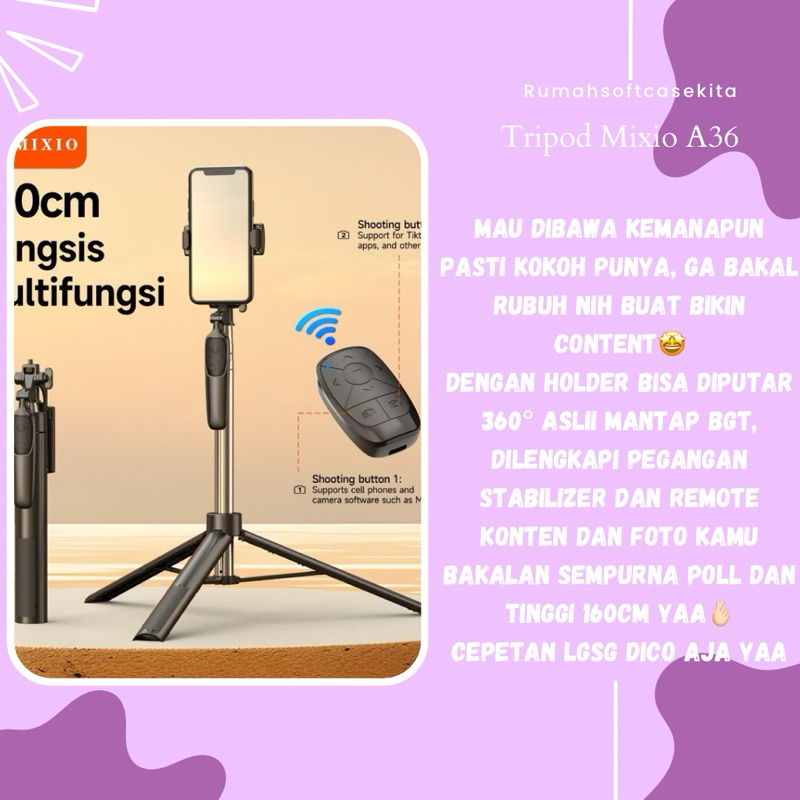 MIXIO A36 - 160CM TONGSIS BLUETOOTH SELFIE STICK TRIPOD WITH REMOTE