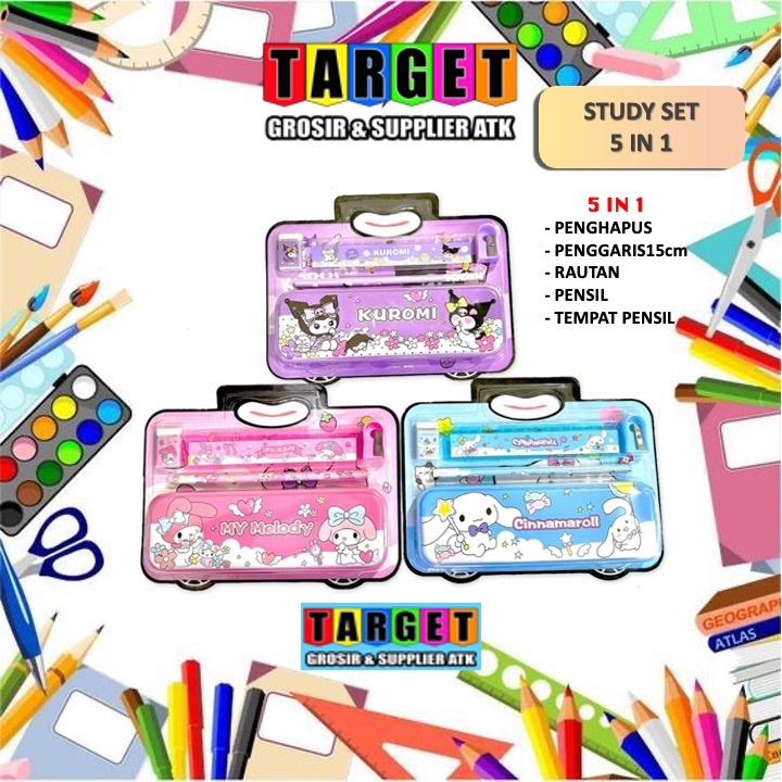 

ALAT TULIS SET / PAKET ALAT TULIS MURAH / 5in1 / ALAT TULIS FANCY / KUROMI/ MY MELODY / CINNAMOROLL