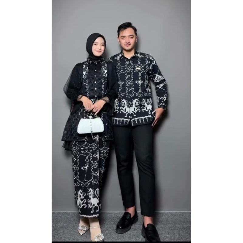 couple etnik, setelan wanita rok lilit kombinasi tile dot, baju kondangan, baju lebaran