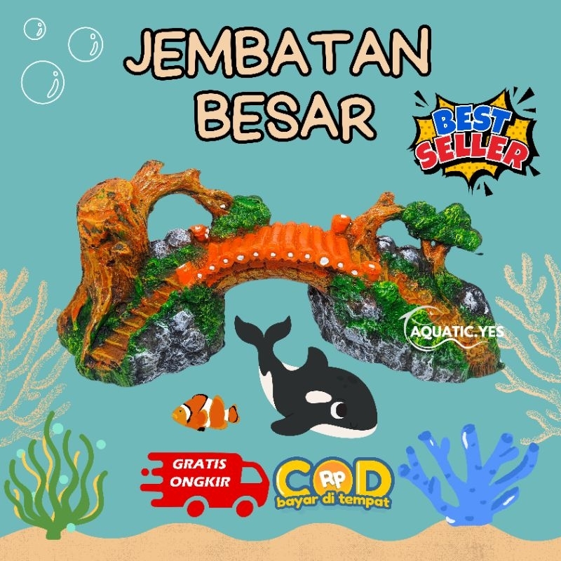 Hiasan aquarium jembatan bambu besar, ornamen aquarium jembatan bambu besar, hiasan resin aquarium