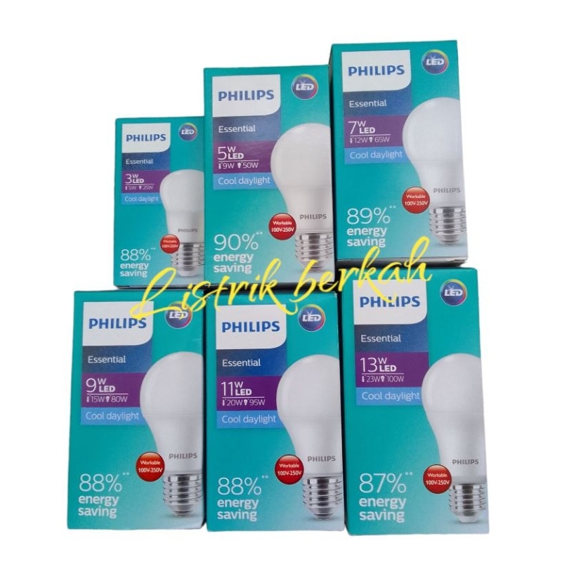 Lampu LED Philips 3w 5w 7w 9w 11w 13w 15w Essentials warna putih 6500k / bohlam Philip 3 5 7 9 11 13