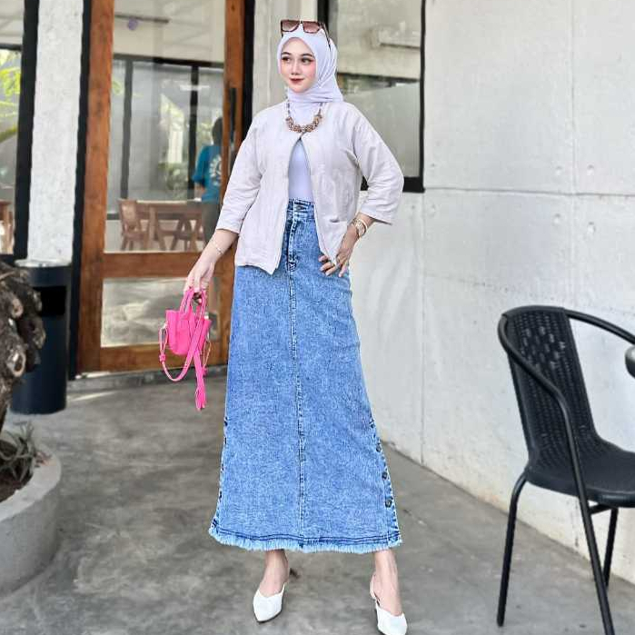 SANIA- Rok Jeans Jumbo Wanita Panjang Streech Melar Tebal Highwaist A-Line