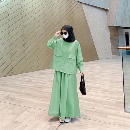 Laura Oneset Rok Bahan Katun Linen Setelan Rok Wanita 2in1 Atasan Blouse Fashion Muslim Jumbo Remaja