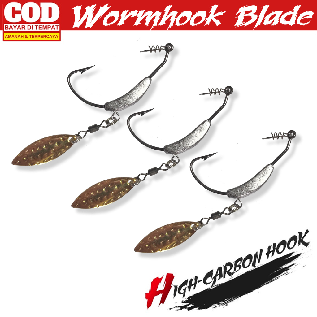 3 Buah Mata Kail Wormhook Dengan Blade Untuk Softlure Worm Hook Casting Pancing Zman