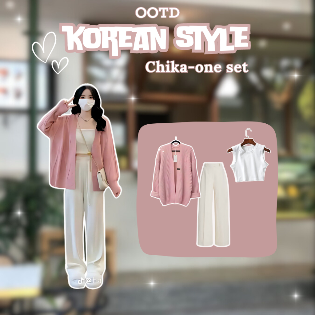 Setelan Wanita Remaja Korean style Outfit kekinian (Cardigan+Tanktop crop+Celana)One set Hangout Yea