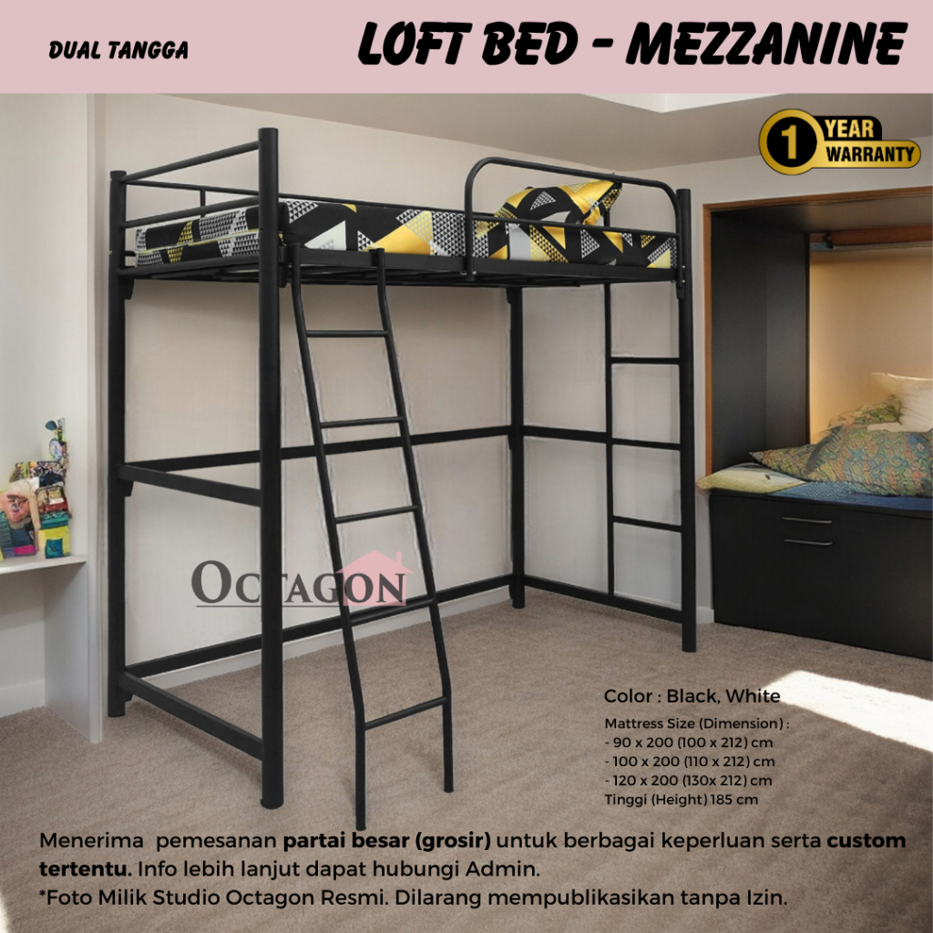 Ranjang Mezzanine Loft Bed Besi Minimalis Ranjang Tingkat Melayang 90X200 100X200 120X200 - DT (LB)