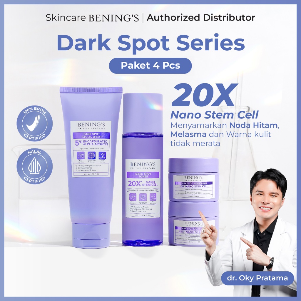 Benings Paket 4pcs Skincare DARK SPOT Noda Flek Hitam - Clinic Dr Oky Pratama - Toner Wajah, Facial 