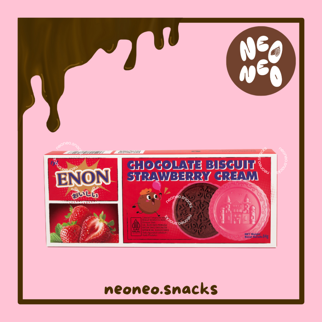 

STRAWBERRY - ENON Chocolate Biscuit with Strawberry Cream - Biskuit Renyah Krim Rasa Stroberi