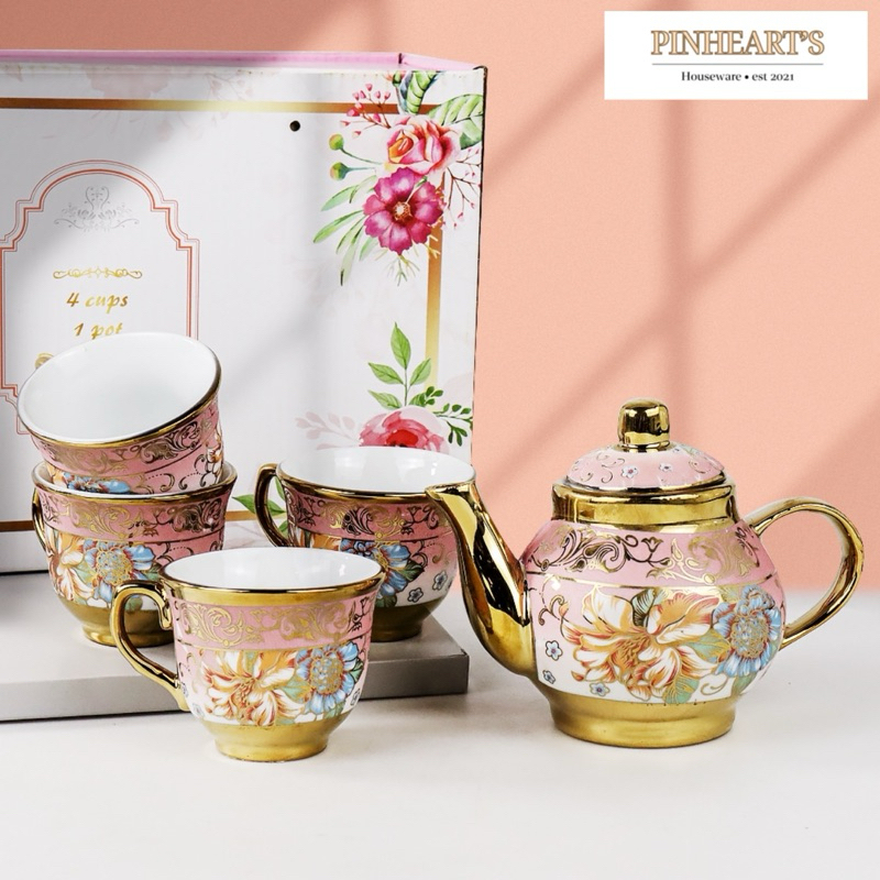 TEASET CANGKIR TEKO KERAMIK SET ISI 4 CUPS 1 TEKO EUROPEAN STYLE / TEKO SET 4IN1 EUROPEAN STYLE KERA