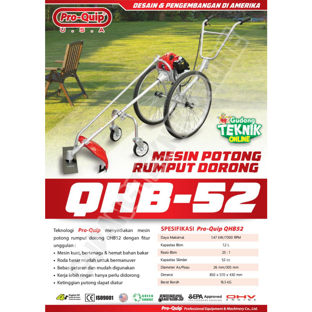 Mesin Potong Rumput Dorong PRO-QUIP QHB52 RODA BESAR / Mesin Pemotong Rumput Brush Cutter Bensin 4 T