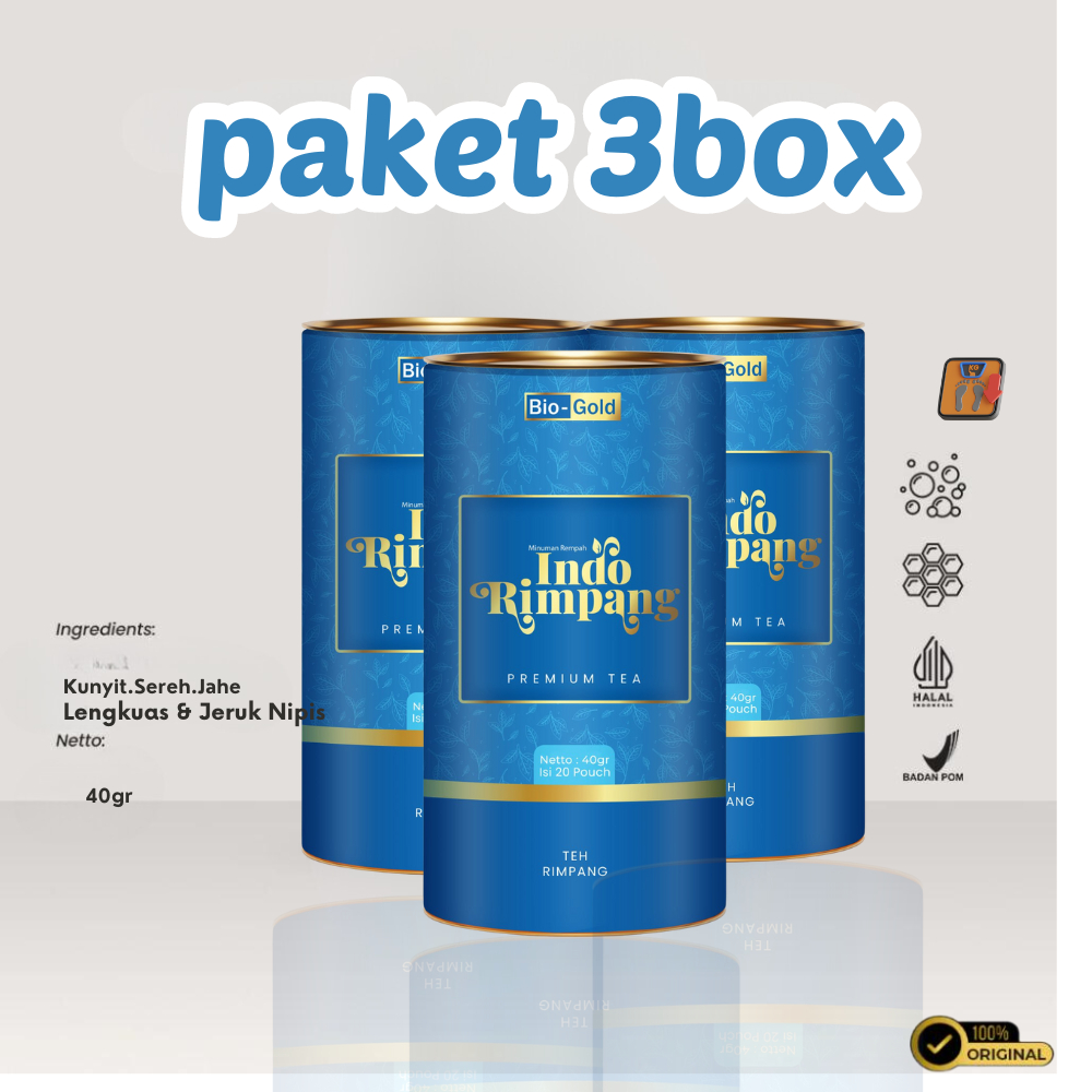 

PAKET 3 BOX Teh Celup Indo Rimpang Premium Bio Gold Tea Kesehatan Untuk Diet Terbuat Dari Bahan Rempah Alami