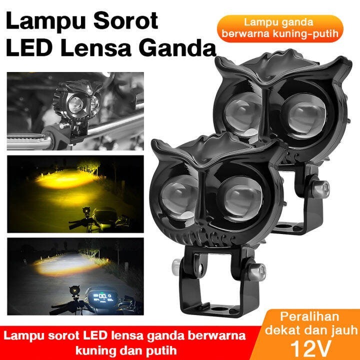 Lampu LED Tembak 2 Mata OWL / Lampu Sorot Motor Putih-Kuning / Lampu Tembak 2 Lensa Owl 2 Warna