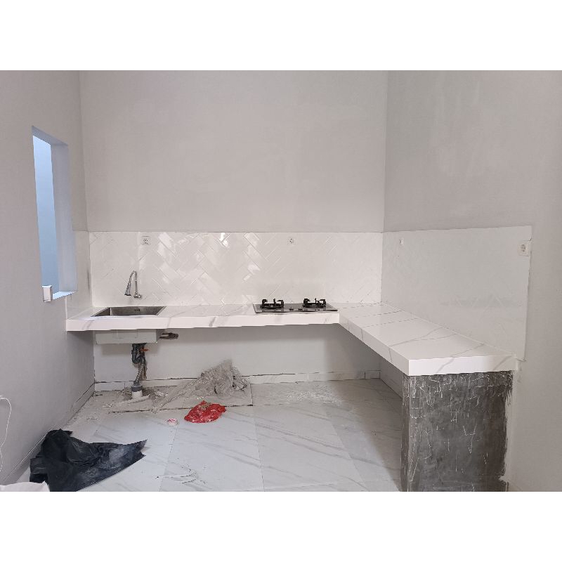 TOP TABLE SOLID SURFACE MEJA DAPUR BACKPLASH CARARA