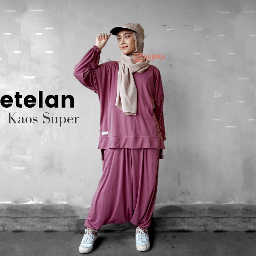 KF7 Setelan Kaos Olahraga wanita kaosrok celana 1 set Lengan Panjang syari bahan double