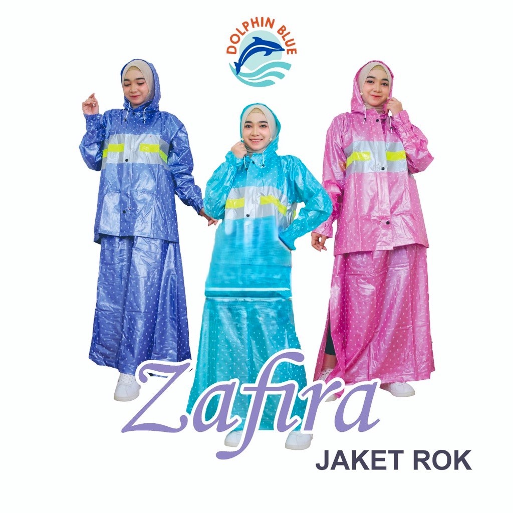 Jas Hujan Wanita Jaket Rok Setelan Zafira Polkadot Mantel Cewek Muslimah Dolphin Blue