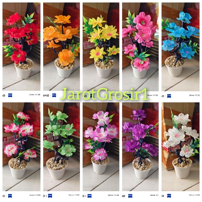 BUNGA CAKAR MAWAR TINGGI 23CM VAS PLASTIK LENGKAP BEBATUAN // BUNGA HIAS PLASTIK // BONSAI ARTIFICIA