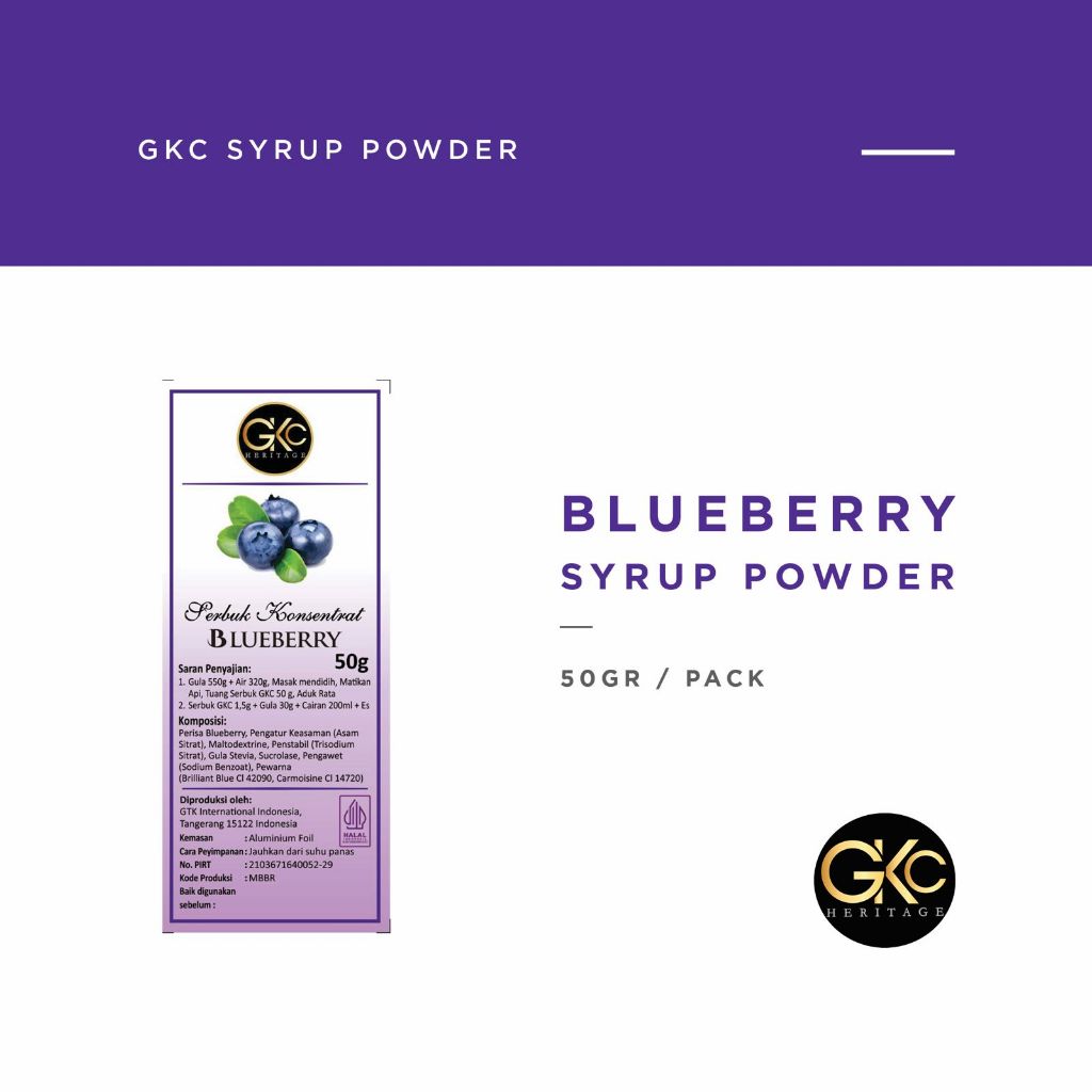 

GKC Heritage Sirup Bubuk Konsentrat Minuman Blueberry - HALAL - 50 Gram - Blue Berry Powder Syrup